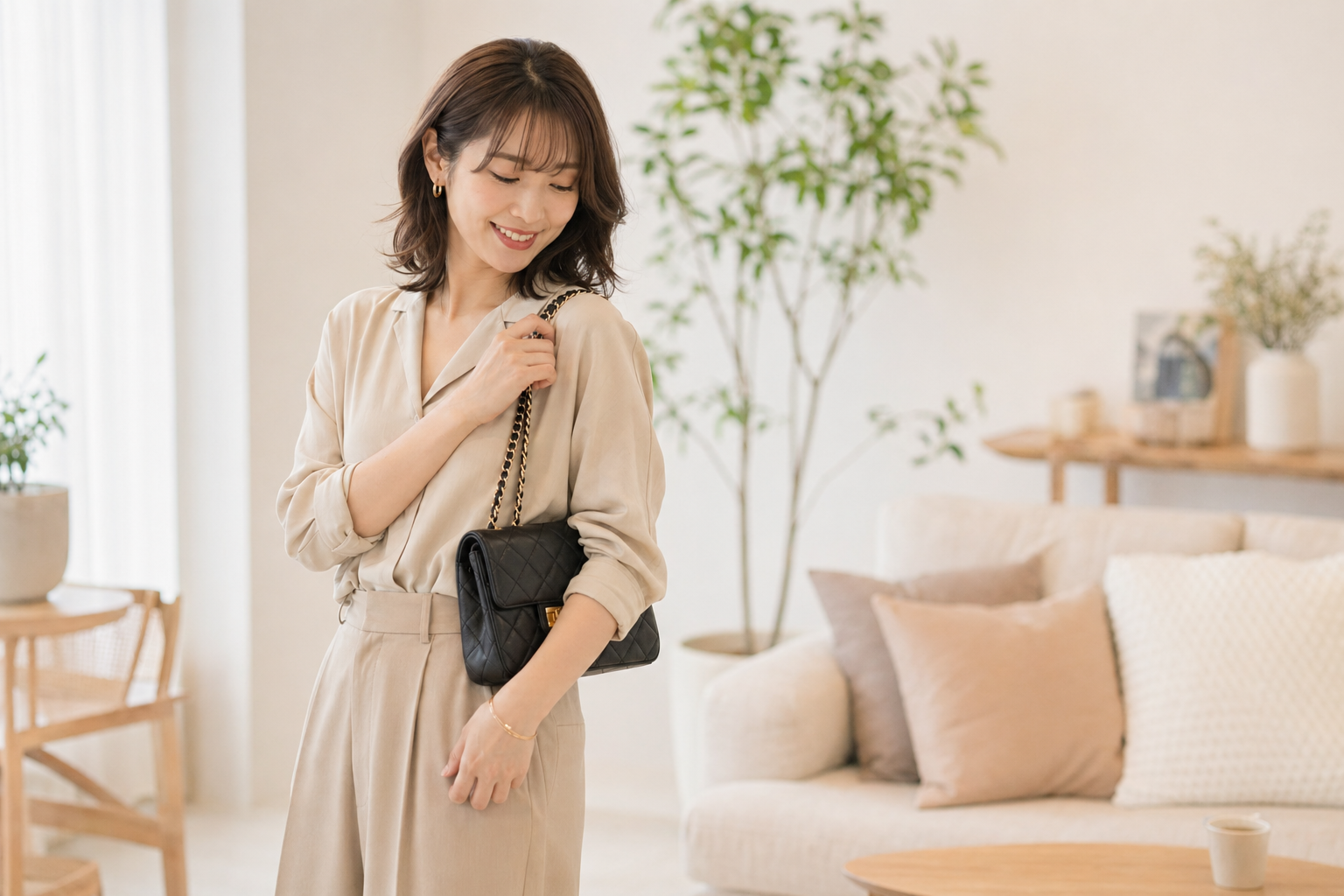 室内でバッグを合わせる女性