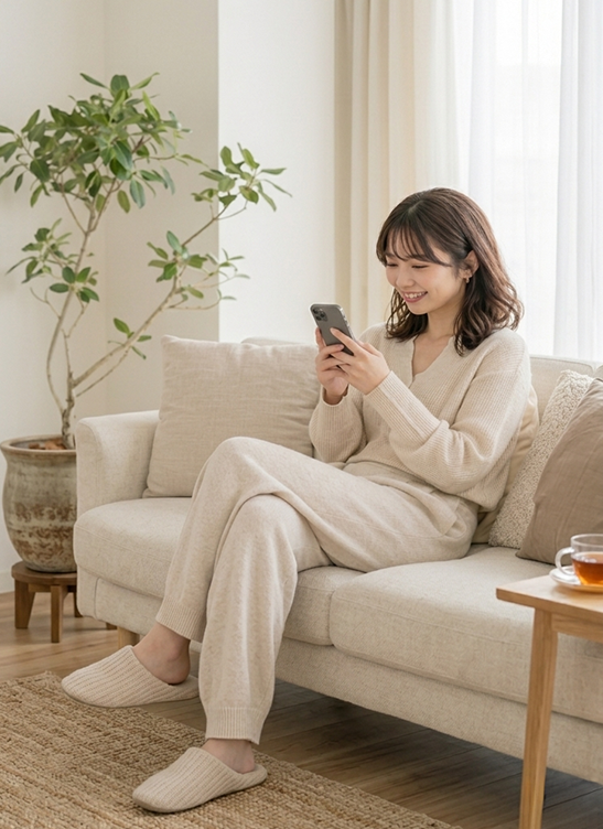 ソファでスマートフォンからスタッフに相談するお客さまのイメージ
